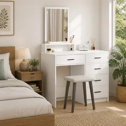 White Dressing Table Bedroom Vanity Unit with Mirror and Drawers Storage