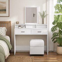 White Dressing Table Bedroom Vanity Unit with Mirror and Drawers Storage