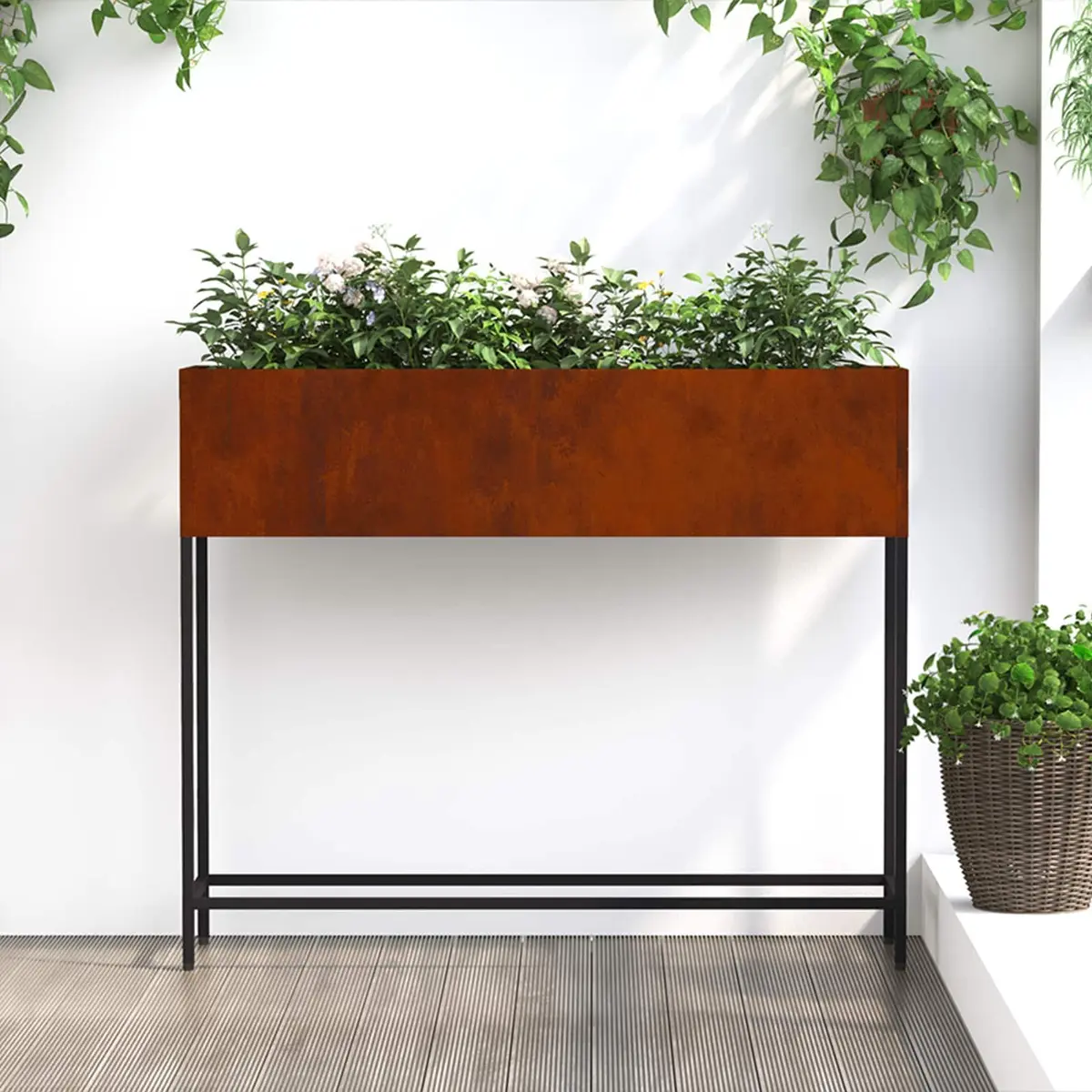 Raised Garden Planter Rectangular Outdoor Metal Weathering Steel 100x26x82cm Burnt Orange