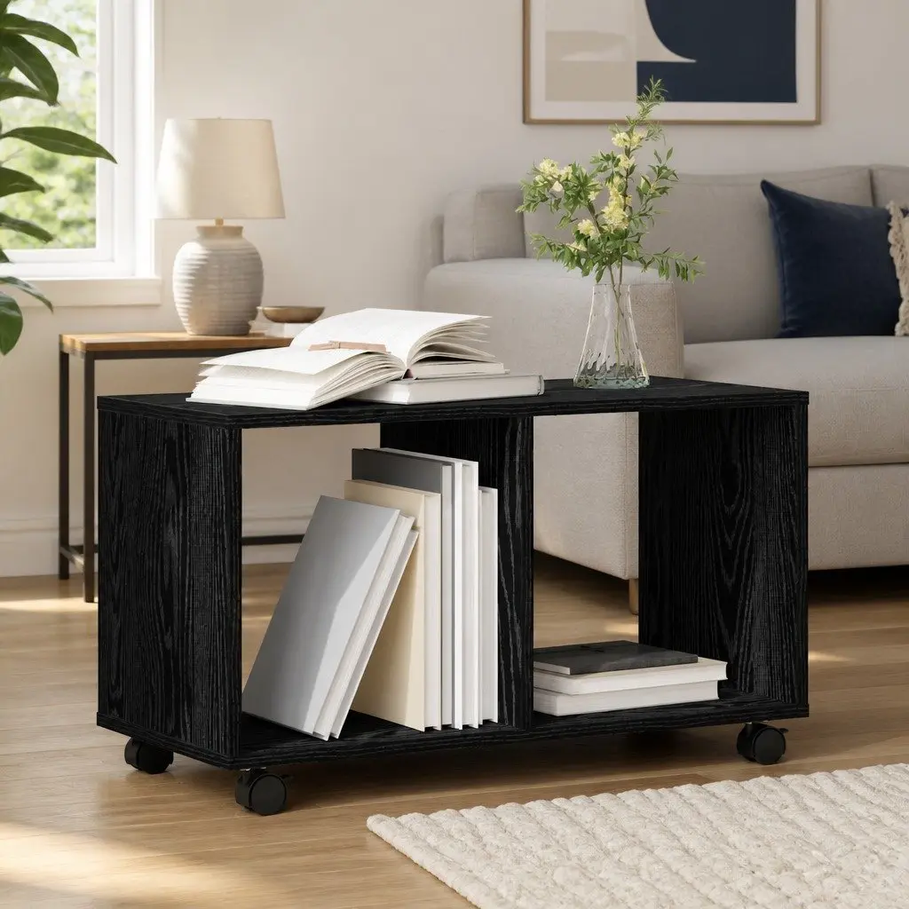 End Table Black Oak Engineered Wood Modern Accent Living Room Furniture 72cm