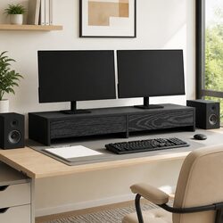 Monitor Stand with 2 Drawers Black Oak 100x27x15cm Engineered Wood Riser