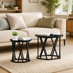 Side Table Round Black Modern Living Room Accent Coffee Table Set of 2