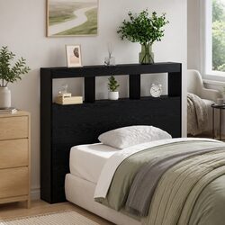 Modern Headboard Black Oak Engineered Wood with LED Light USB 120cm Bedroom