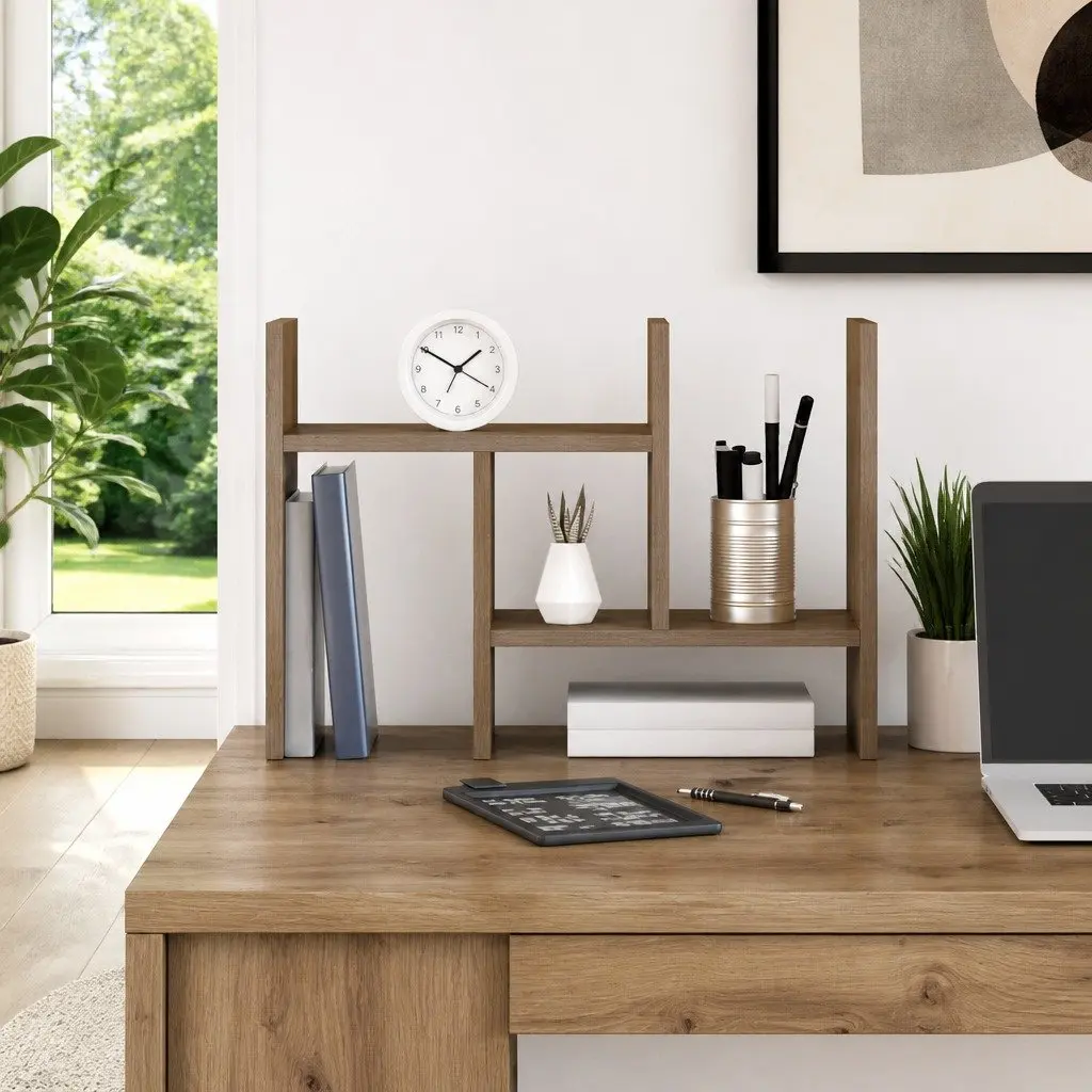 Desk Organiser Engineered Wood Multiple Storage Compartments Tidy Workspace Brown
