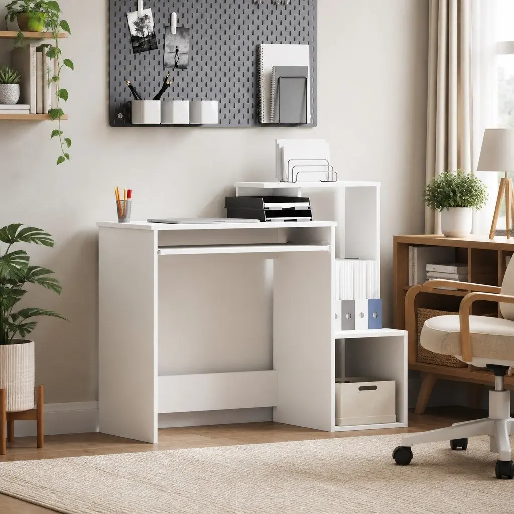 White Desk with Drawer Engineered Wood Rectangular Computer Workstation