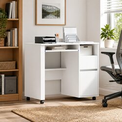 White Computer Desk with Wheels Mobile Office Workstation Home Study Table