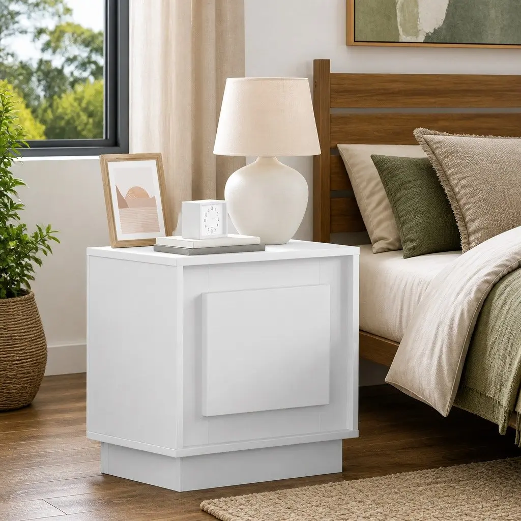 Bedside Table 2 pcs White Engineered Wood Nightstand with LED USB Storage
