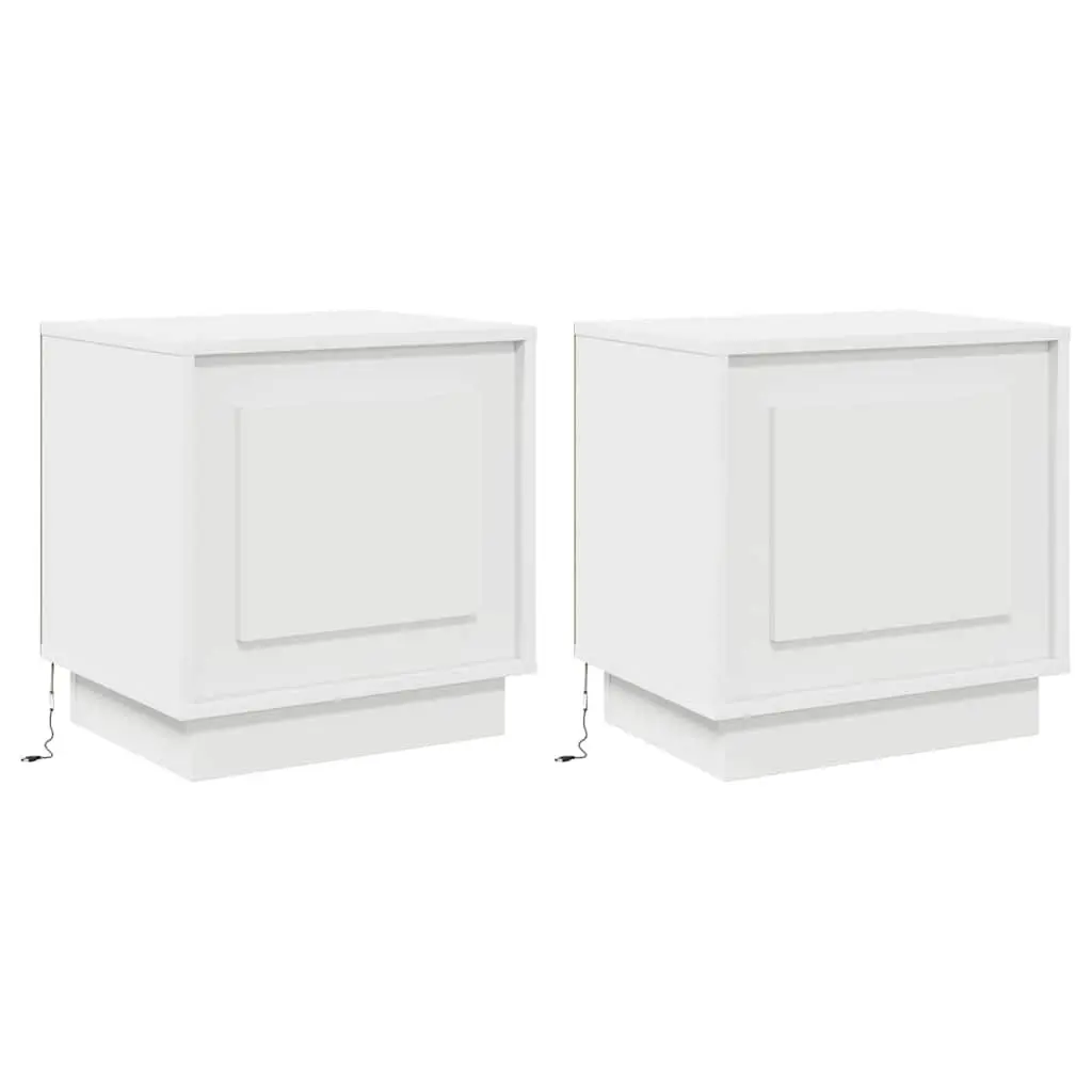 Bedside Table 2 pcs White Engineered Wood Nightstand with LED USB Storage