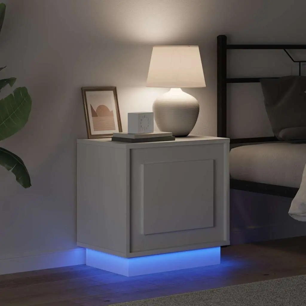 Bedside Table 2 pcs White Engineered Wood Nightstand with LED USB Storage