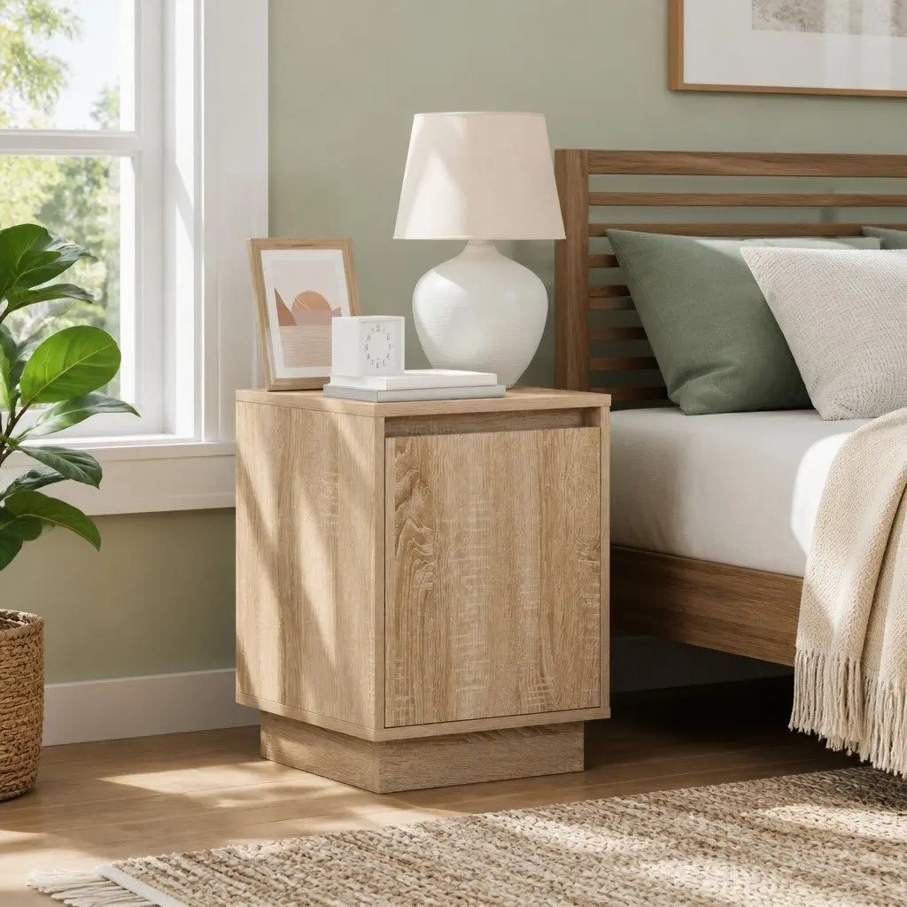 Bedside Cabinet Modern Storage Hinge Door USB LED Light Brown 2 Piece