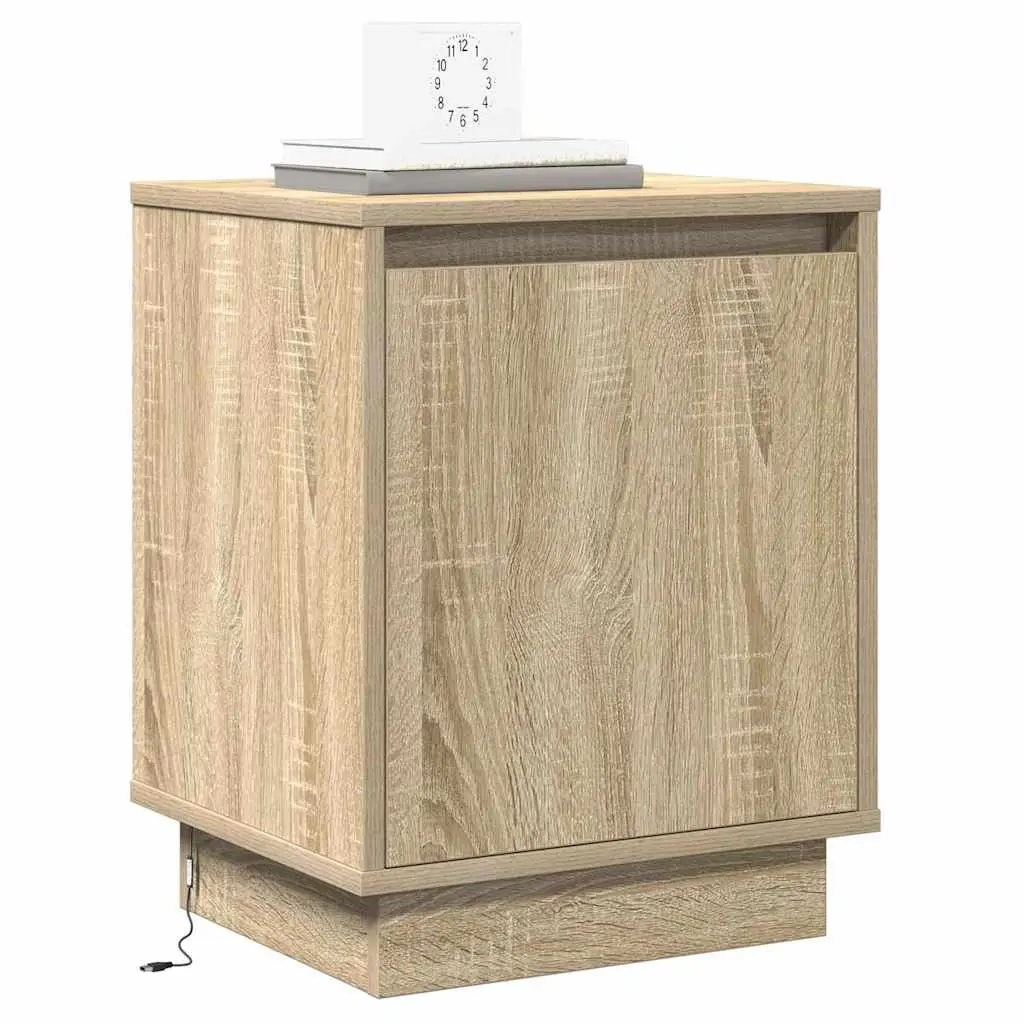 Bedside Cabinet Modern Storage Hinge Door USB LED Light Brown 2 Piece