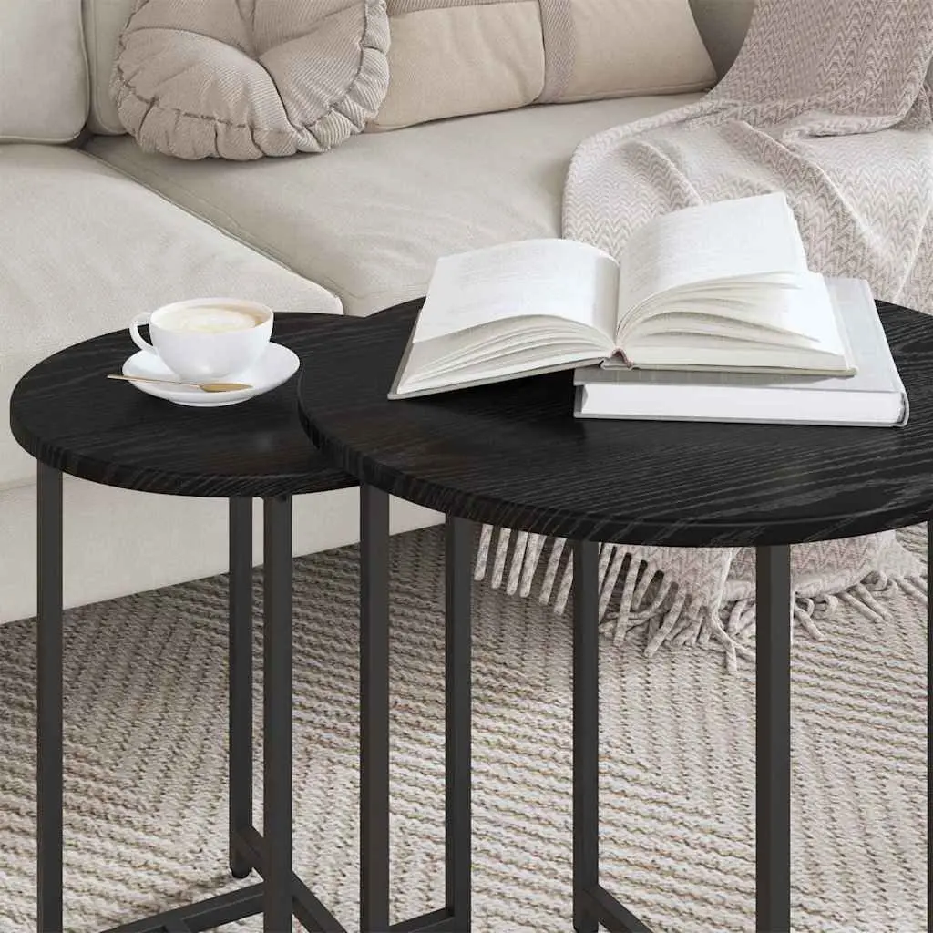 Nesting Side Table Set 2 Pieces Industrial Accent Tables Black Engineered Wood Metal Frame