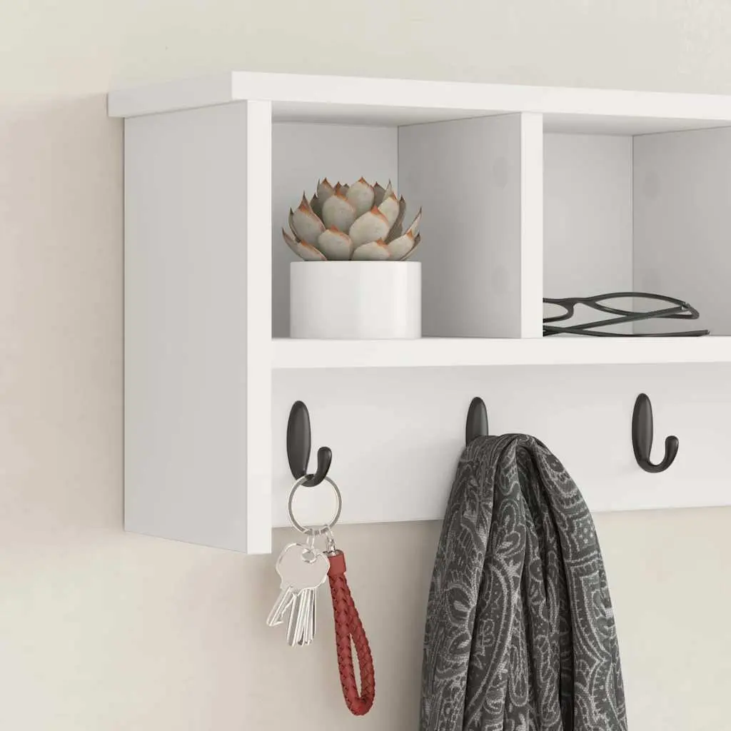 Wall-Mounted Coat Rack White Engineered Wood Hallway Entryway Shelf Hooks