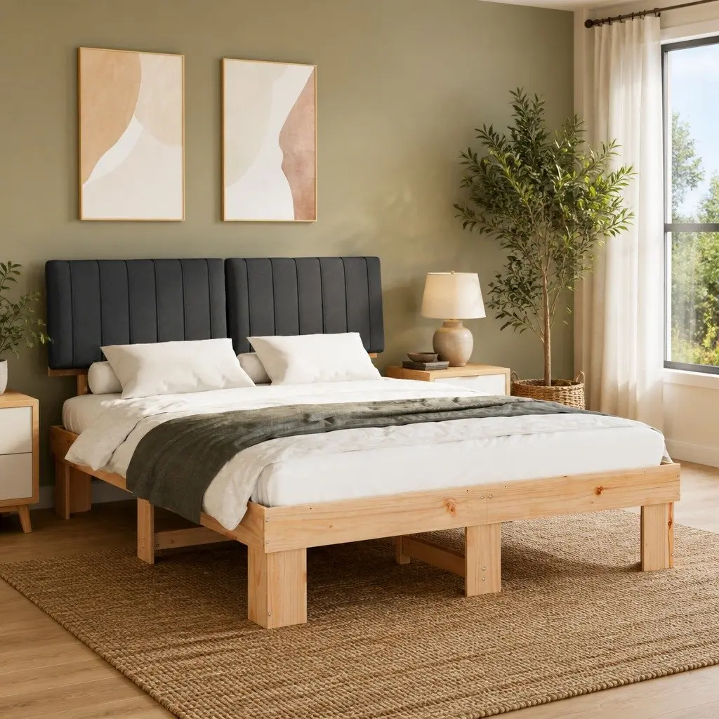Bed Frame Upholstered Headboard Grey 150 x 200 cm Wooden Modern Bedroom