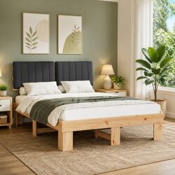 Bed Frame with Upholstered Headboard Grey 135 x 190 cm Modern Wooden Platform