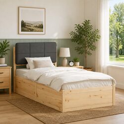 Bed Frame Upholstered Headboard Grey 90 x 190 cm Modern Bedroom Wooden Slatted