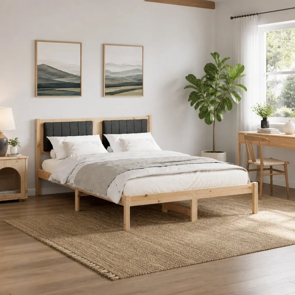 Bed Frame with Upholstered Headboard Solid Pine Wood 135 x 190 cm Brown