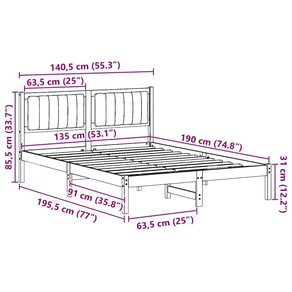 Bed Frame with Upholstered Headboard Solid Pine Wood 135 x 190 cm Brown