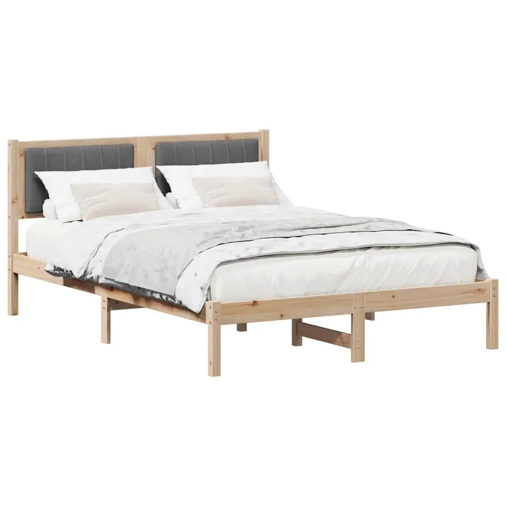 Bed Frame with Upholstered Headboard Solid Pine Wood 135 x 190 cm Brown