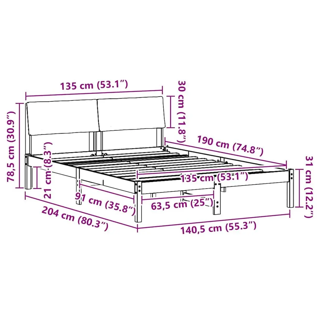 Bed Frame Modern Platform 135 x 190 cm Solid Pine Wood Brown