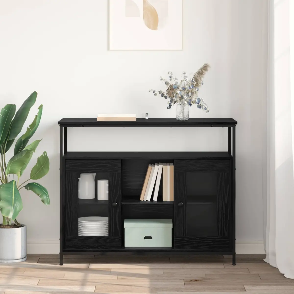 Sideboard Modern Engineered Wood Storage Cabinet Black Oak Dining Kitchen Buffet