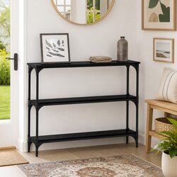 Console Table Black Oak Engineered Wood Storage Shelves Industrial End Table
