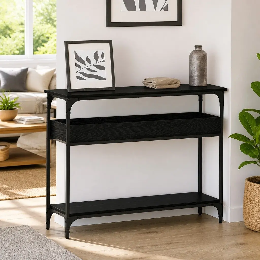 Console Table Black Oak Industrial Design Living Room Hallway Accent Furniture