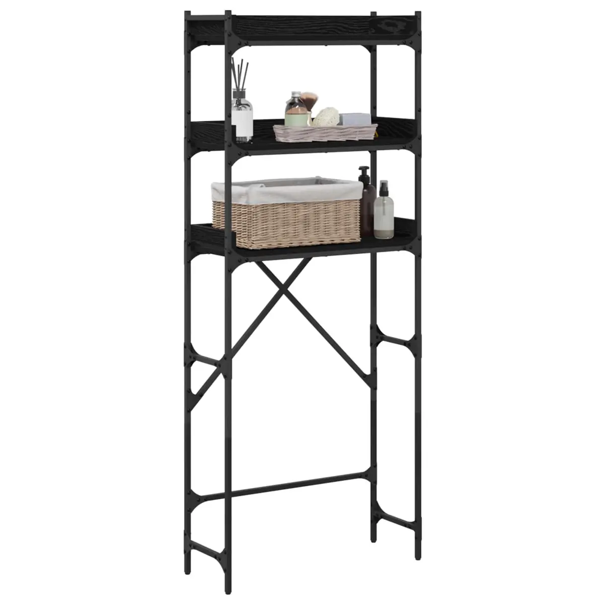 Washing Machine Shelf Modern Organiser 67 x 25 x 163 cm Black and Oak Effect