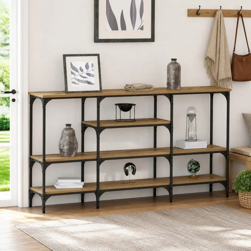 Console Table Industrial Style Brown Steel Frame Engineered Wood Display Storage 160x29x80 cm