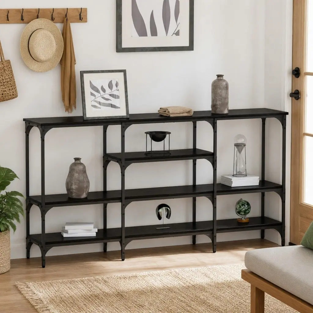 Console Table Black Oak Industrial Steel Frame Engineered Wood Hallway Entry