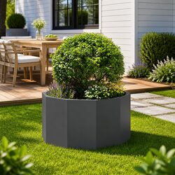 Round Steel Garden Planter 60x60x35cm Black Outdoor Patio Pot Flower Planter