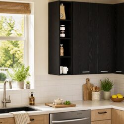 Hanging Kitchen Cabinet Black Oak Modern Storage Engineered Wood Wall Unit