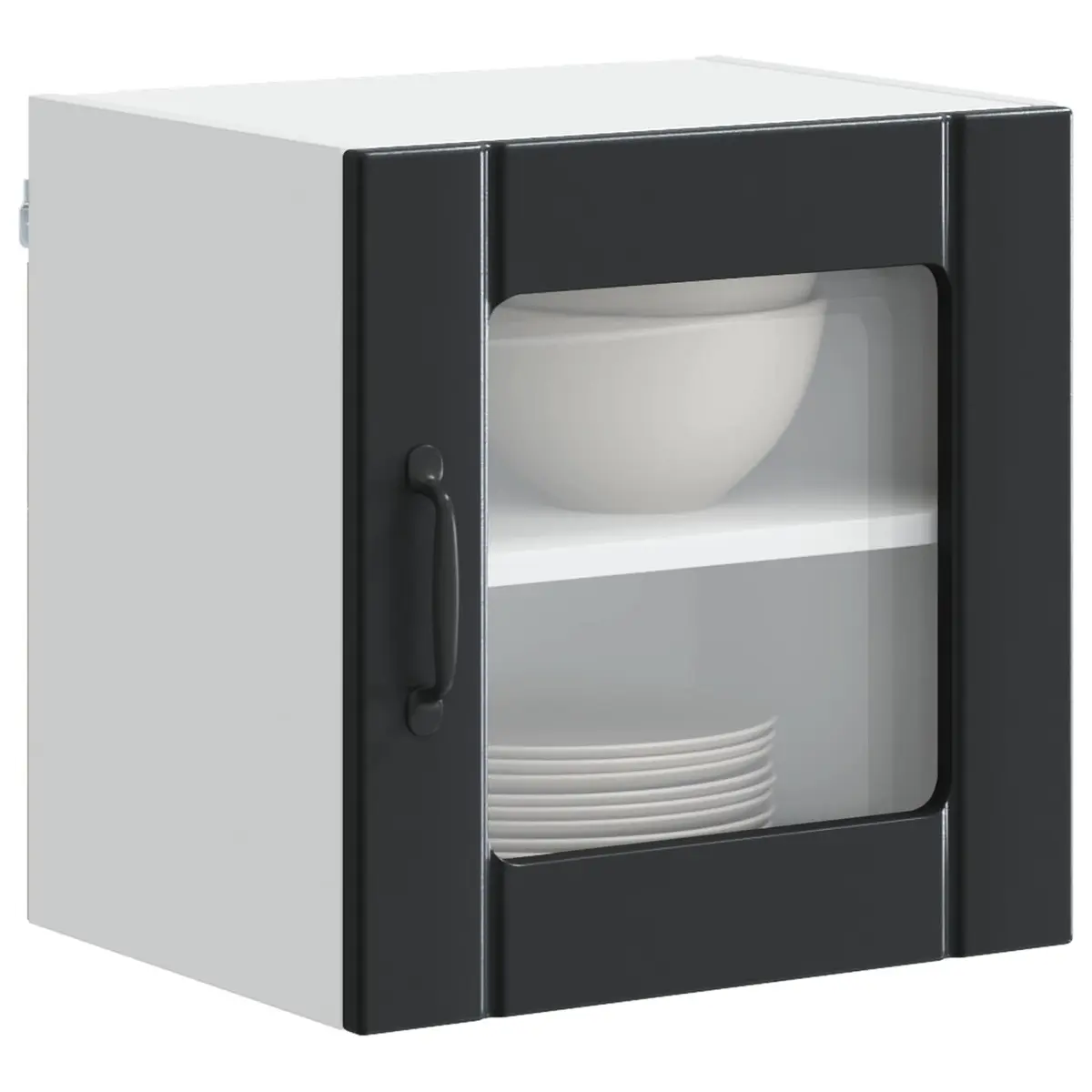 Wall Glass Cabinet Modern Black Engineered Wood Rectangular Kitchen Storage
