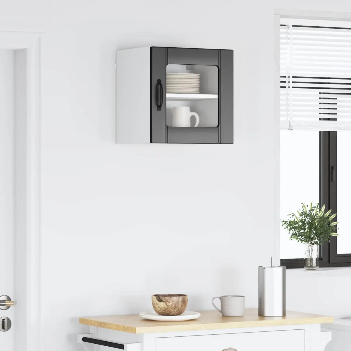 Wall Glass Cabinet Modern Black Engineered Wood Rectangular Kitchen Storage