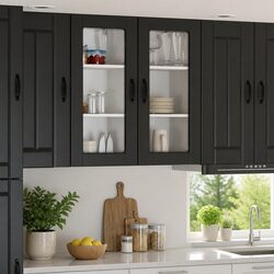 Wall Glass Cabinet Black Wooden Storage Kitchen Furniture Display Unit