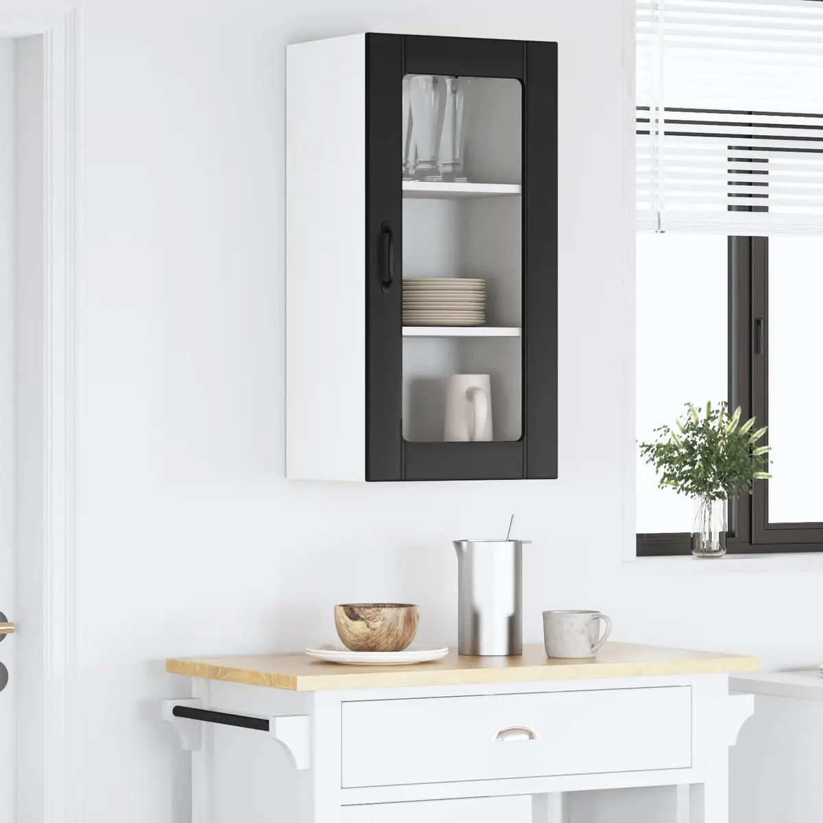 Wall Glass Cabinet Black Modern Storage Kitchen Shelving Unit 40x31x80cm