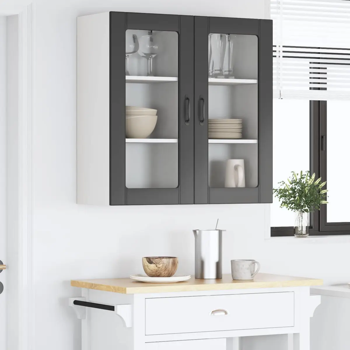 Wall Glass Cabinet 2 pcs Modern Kitchen Storage Cupboard Black Wall Mounted