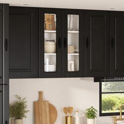 Wall Glass Cabinet Black Kitchen Storage 60x31x80cm Engineered Wood Shelves