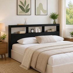 Black Engineered Wood Headboard 200cm Modern Bedroom Furniture LED Light USB