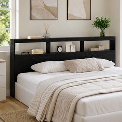 Modern Headboard Black Oak Engineered Wood LED Light USB 220cm Bedroom Furniture
