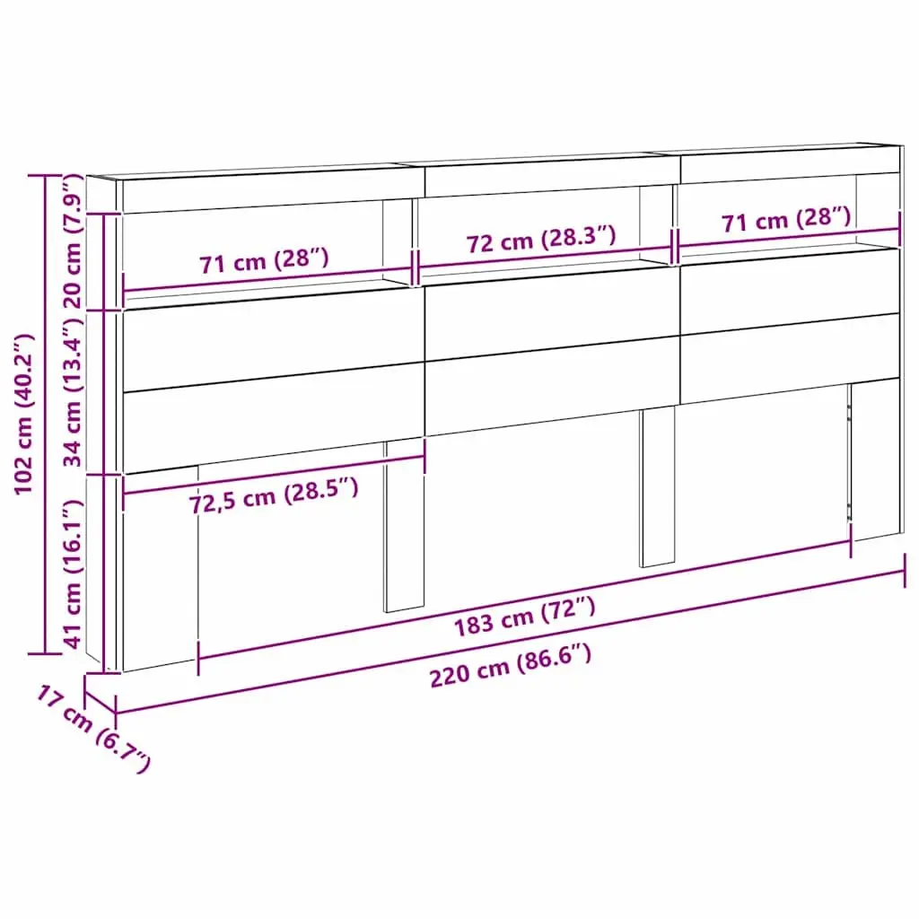 Headboard LED Light USB Black Oak Engineered Wood 220cm Bedroom Furniture
