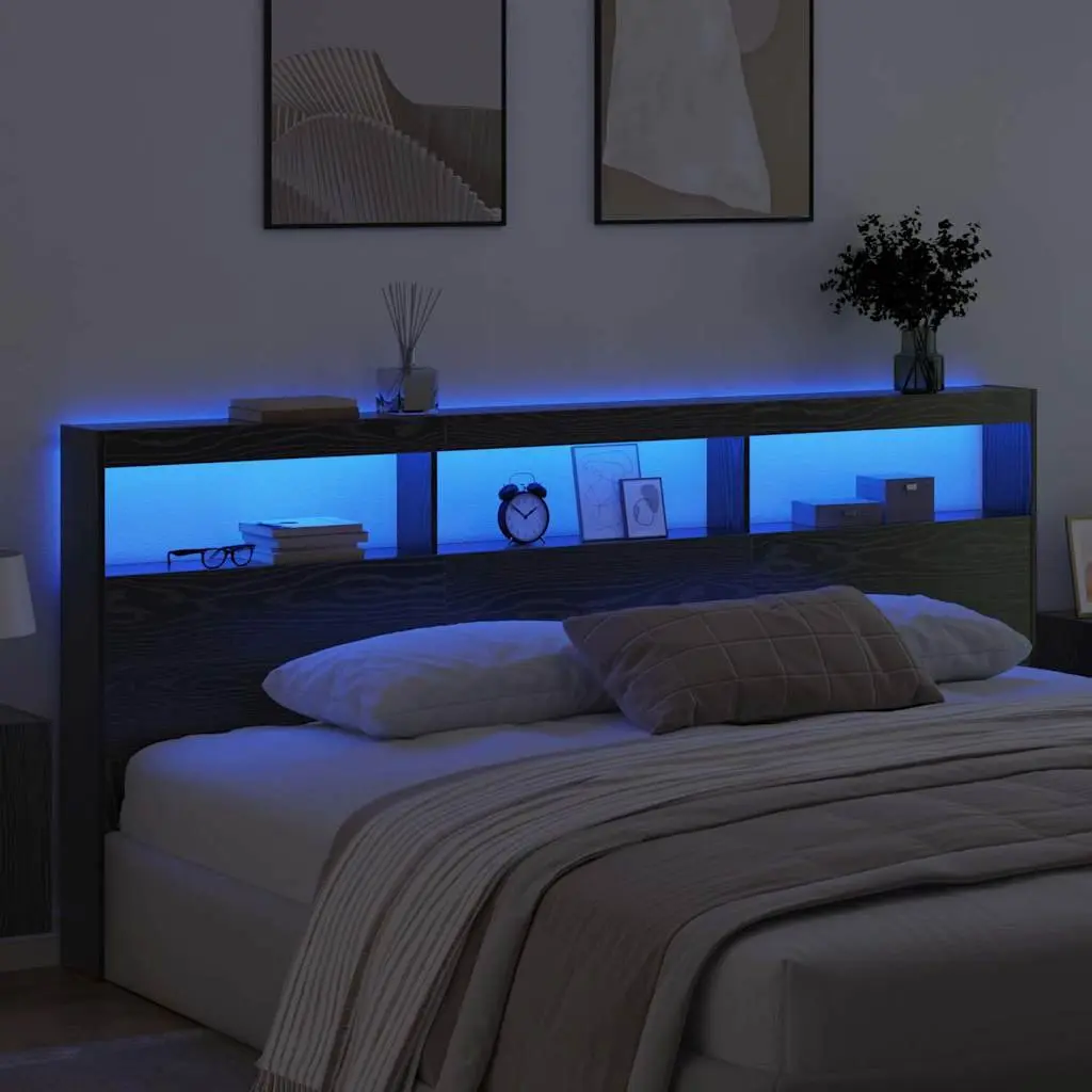 Headboard LED Light USB Black Oak Engineered Wood 220cm Bedroom Furniture