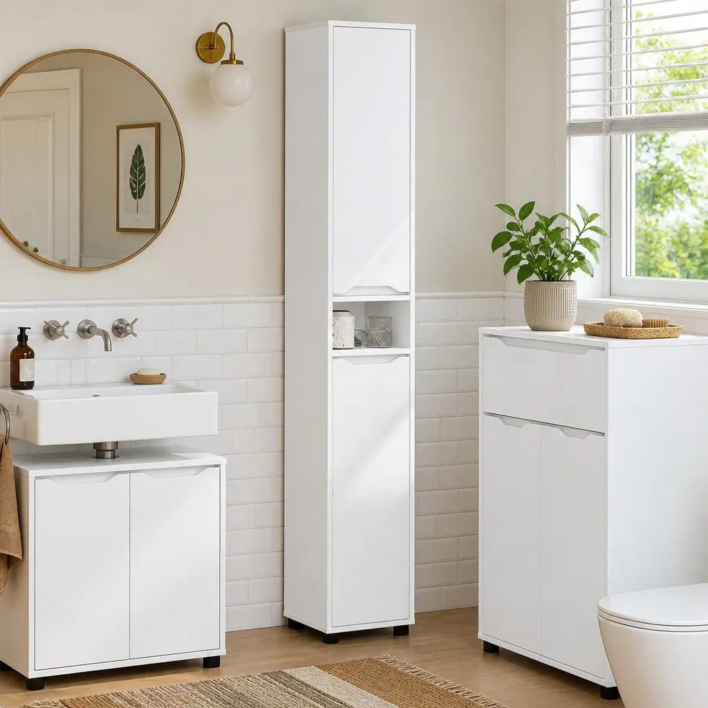 Bathroom Vanity Cabinet White Modern Storage Unit Engineered Wood Shelves Doors