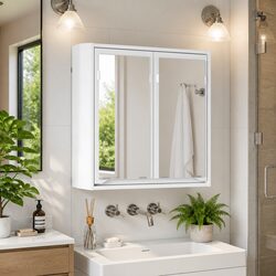 Bathroom Mirror Cabinet White Wall-Mounted Vanity Unit Storage Engineered Wood