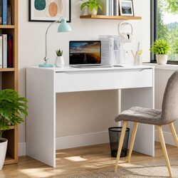 White Engineered Wood Desk with Drawer Rectangular Office Study Computer