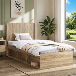 Brown Headboard Bedroom Furniture Engineered Wood Vertical Slat Design Bed Mount