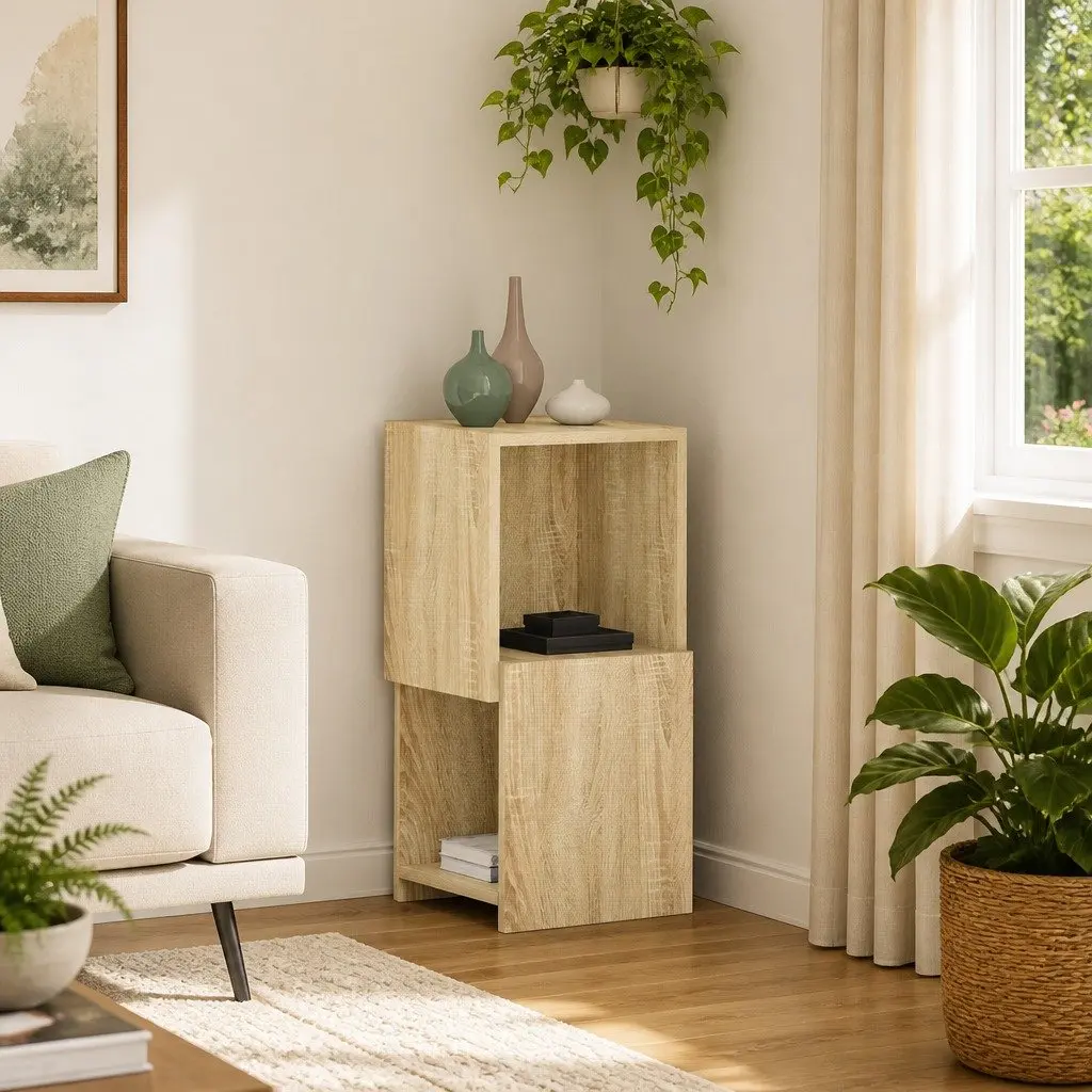 Corner Storage Cabinet Brown Modern Living Room Organizer Space-Saving Shelves