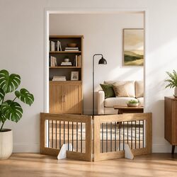 Foldable Dog Gate with Stands 2 pcs Brown Portable Pet Fence Indoor Containment