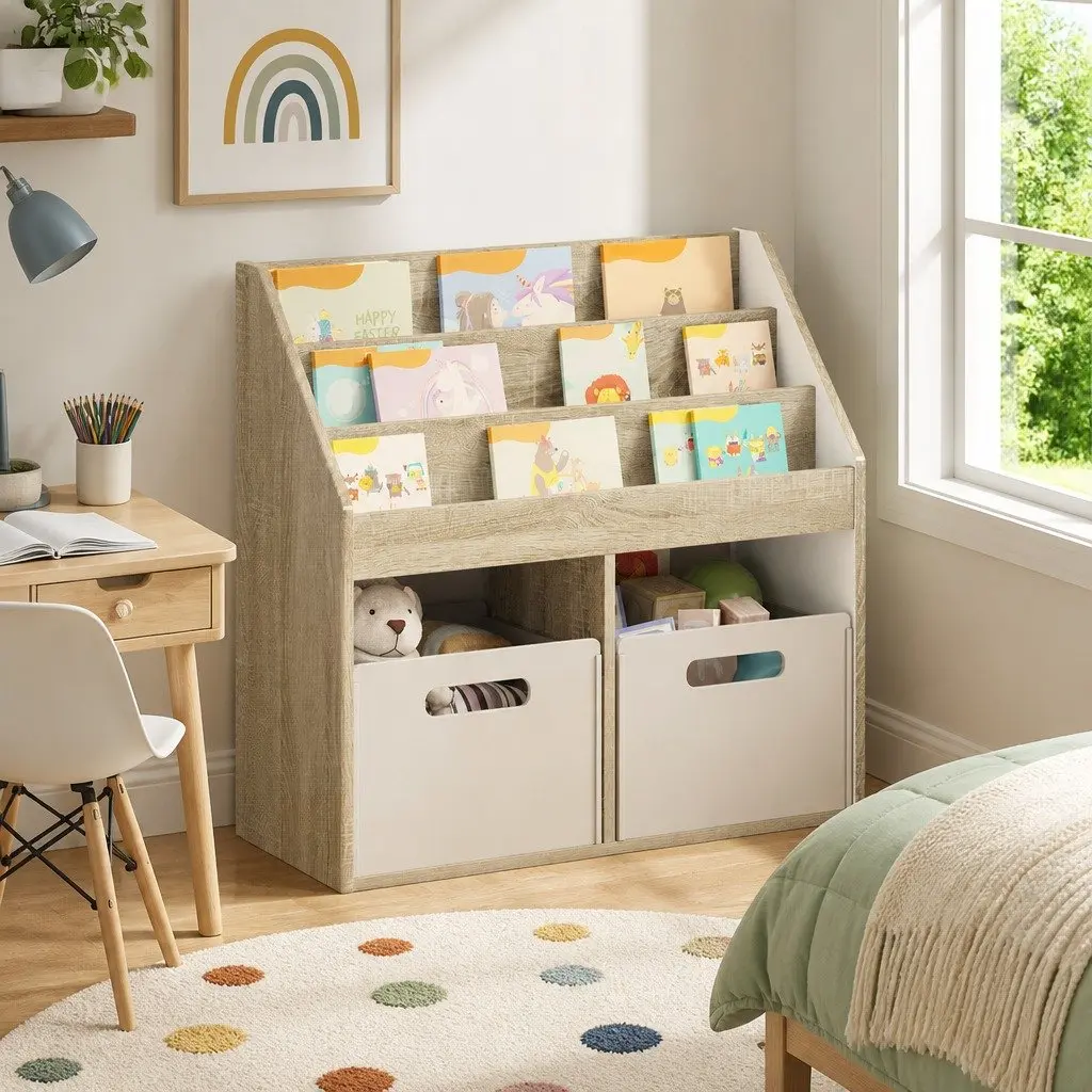 Kids Bookshelf Open Shelves Storage Unit Brown Wood