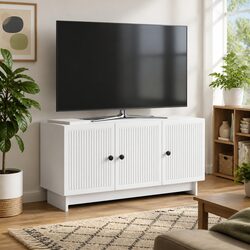 TV Cabinet White Modern Living Room Storage Unit with Shelves and Doors